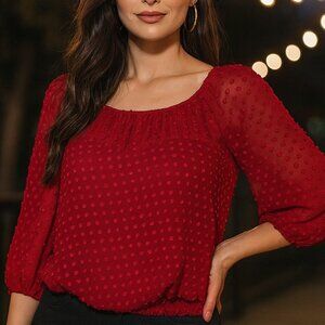 LOFT Red Sheer Swiss Dot Long Sleeve Blouse Size L
